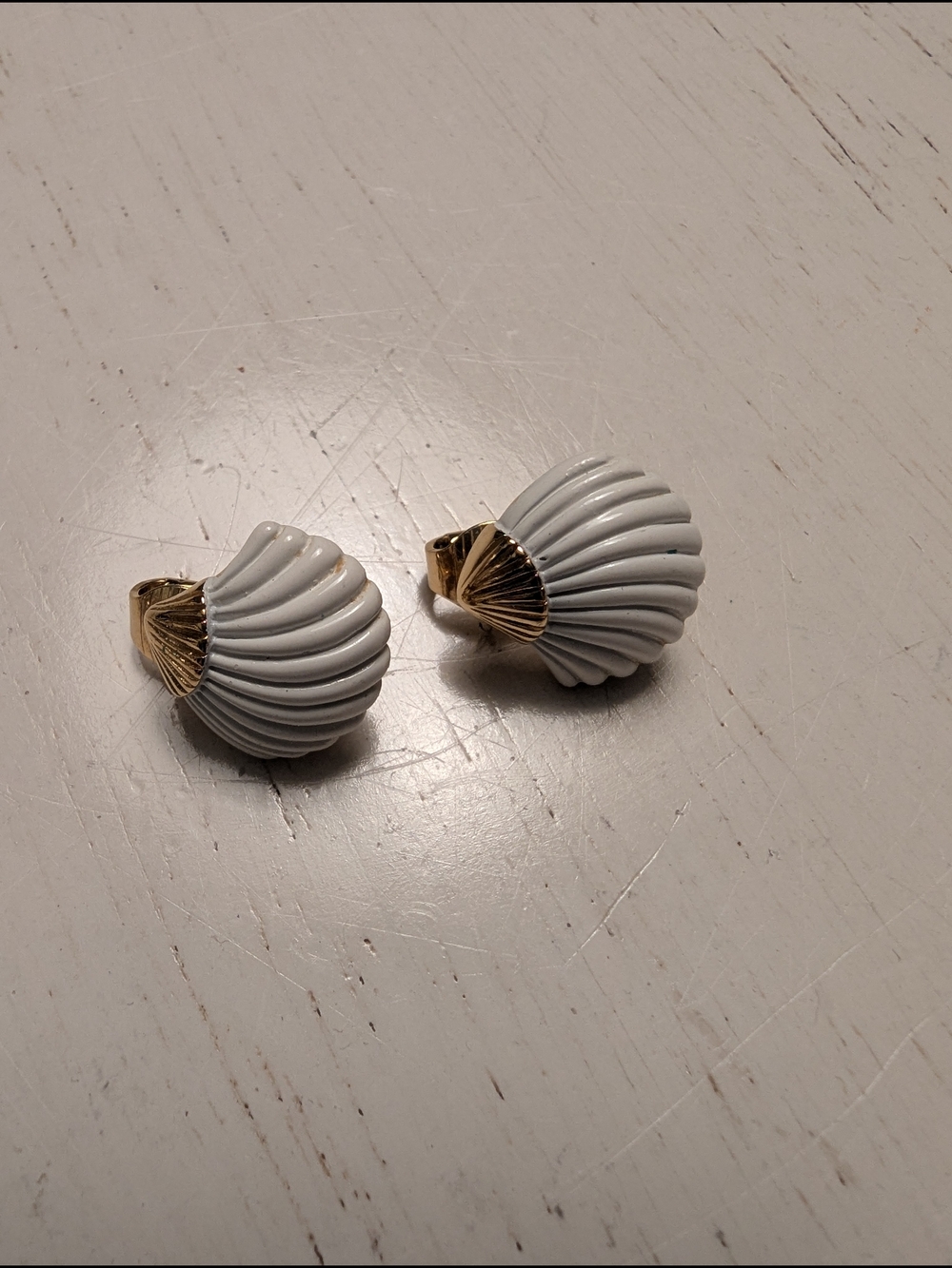 Vintage Trifari White and Gold Shell Clip-On Earrings